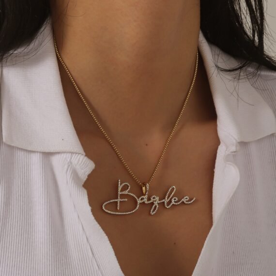 Personalized Script Crystal Inlaid Name Necklace Design with Handwriting Signature Font Style Custom Name Nameplate Necklace Photo 7
