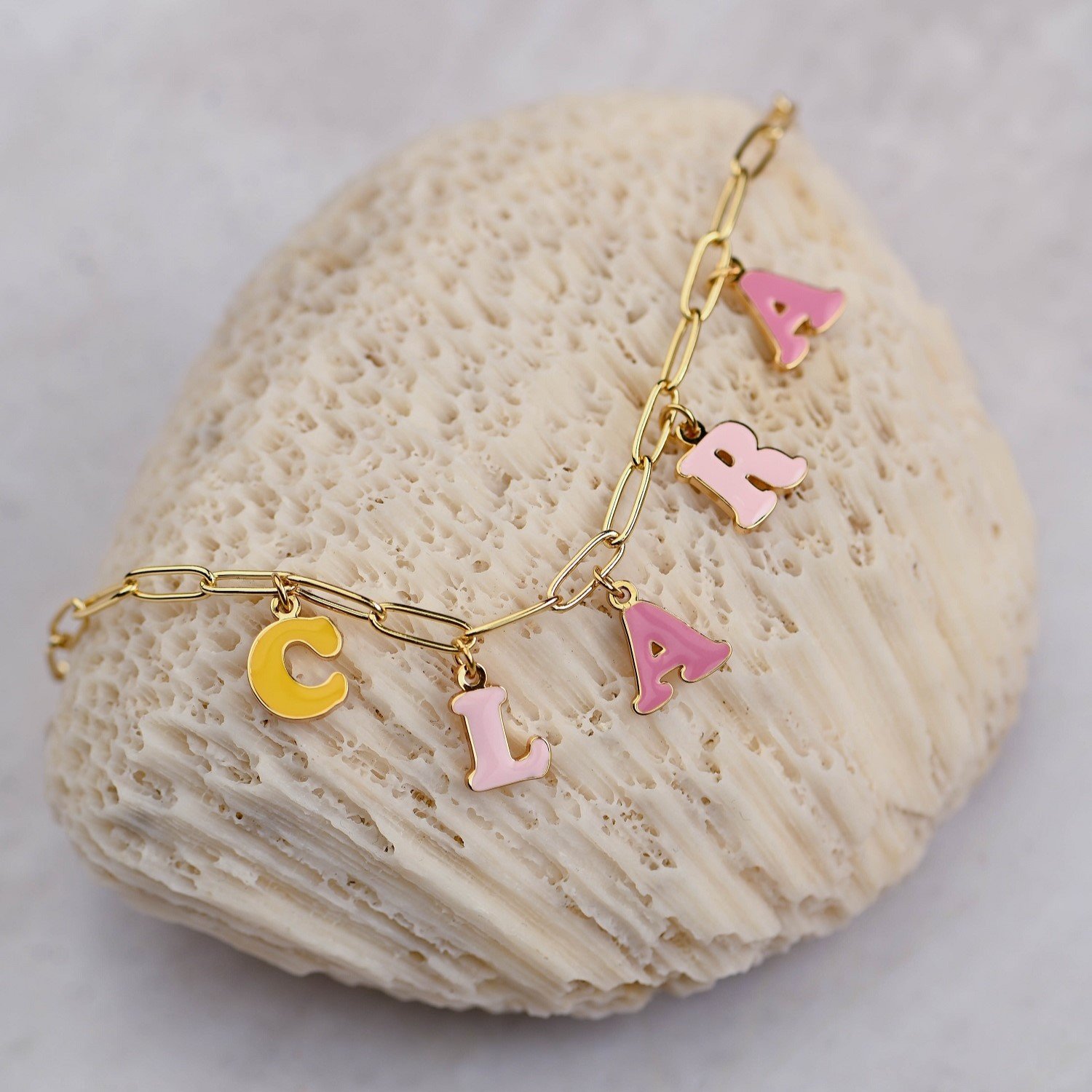 Candy Letters Name Necklace is a unique fancy name pendant charm that gives you a modern beauty classy look with trendy paperclip chain custom name necklace 1