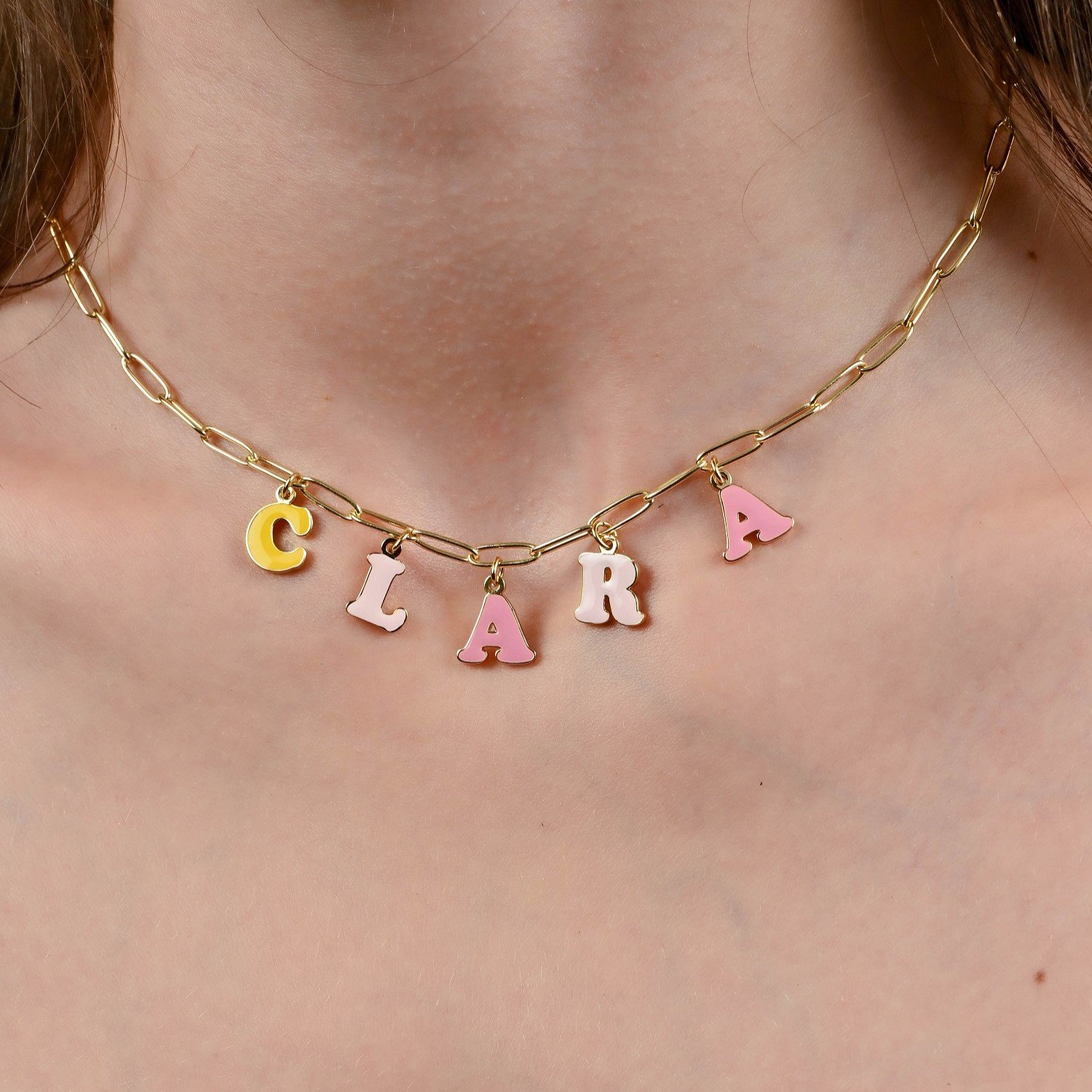 Candy Letters Name Necklace is a unique fancy name pendant charm that gives you a modern beauty classy look with trendy paperclip chain custom name necklace 10