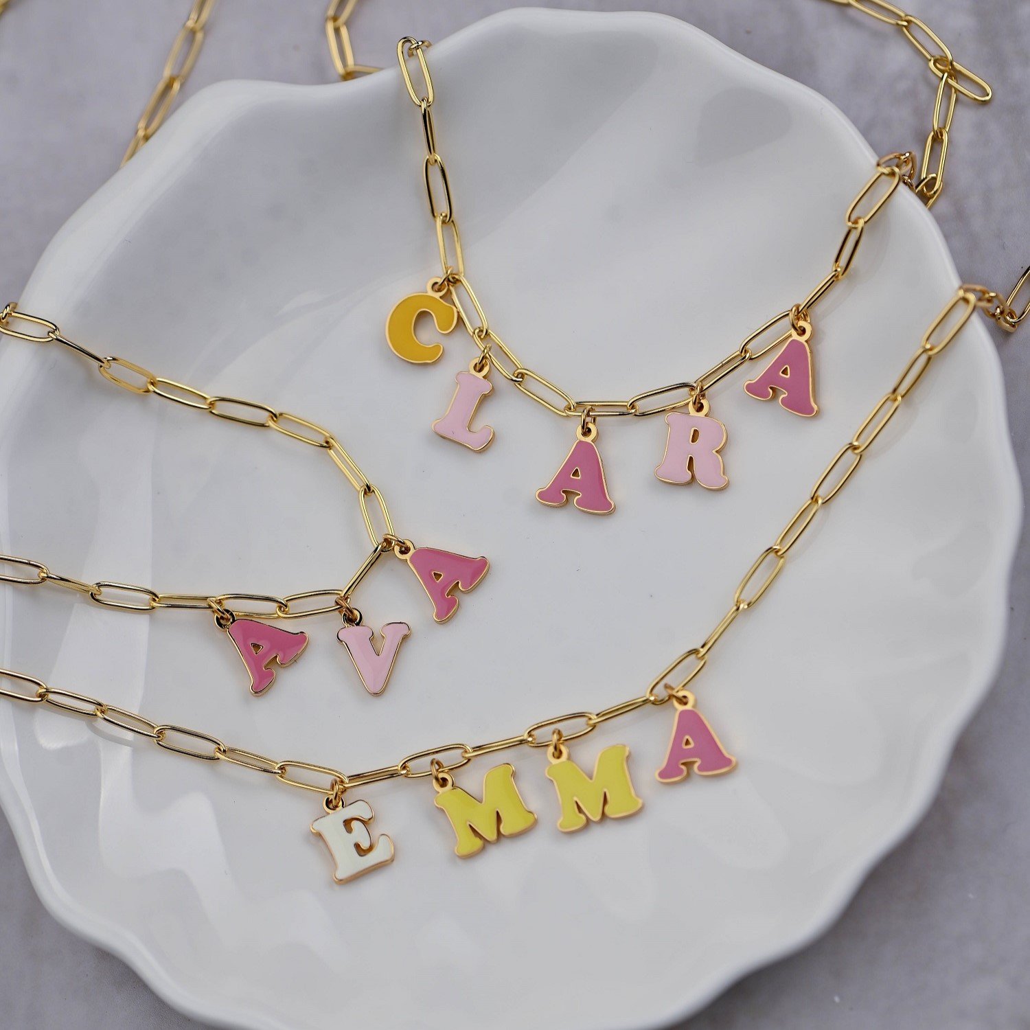 Candy Letters Name Necklace is a unique fancy name pendant charm that gives you a modern beauty classy look with trendy paperclip chain custom name necklace 2