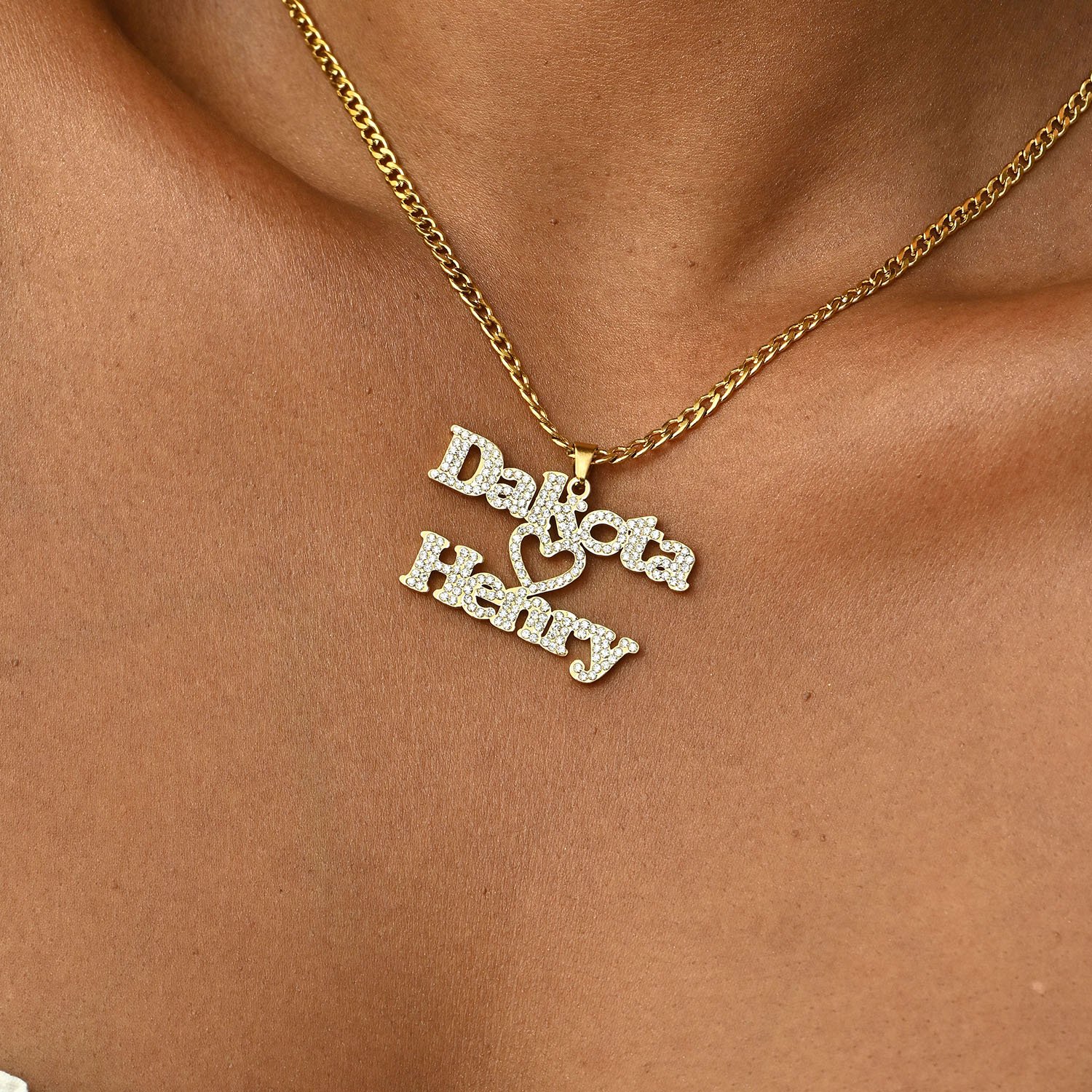 Custom Personalized Couple Name Bling Iced Out CZ Crystal Name Pendant Sparkling Necklace Chain
