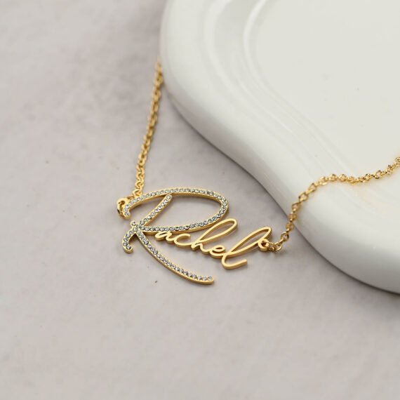 Custom Persosonalized Initial Bling Crystal Nameplate Rachel Name Pendant Necklace
