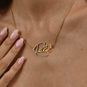 Custom Persosonalized Initial Bling Crystal Nameplate Rachel Name Pendant Necklace