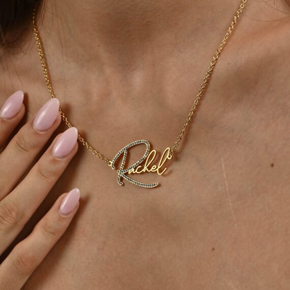 Custom Persosonalized Initial Bling Crystal Nameplate Rachel Name Pendant Necklace