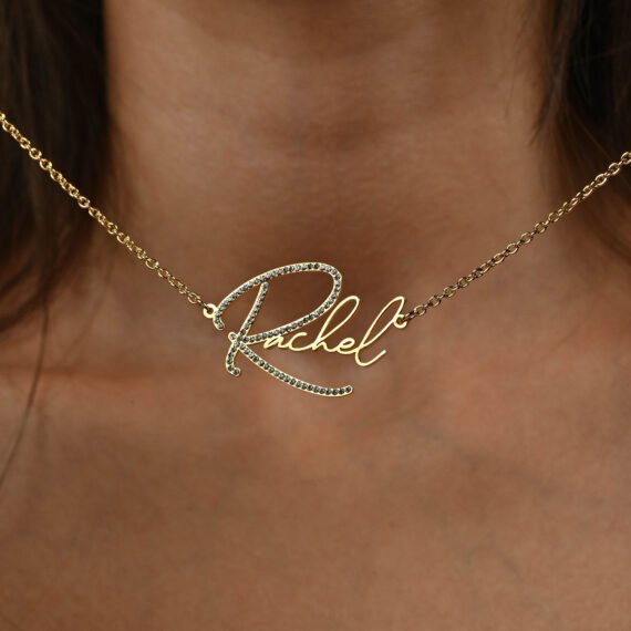 Custom Persosonalized Initial Bling Crystal Nameplate Rachel Name Pendant Necklace