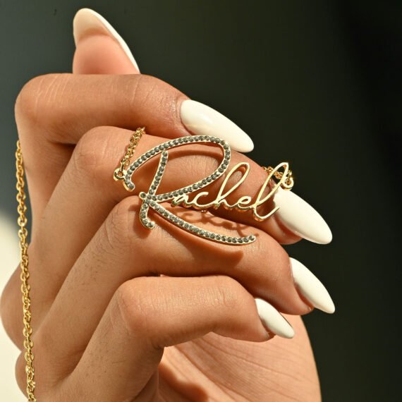 Custom Persosonalized Initial Bling Crystal Nameplate Rachel Name Pendant Necklace