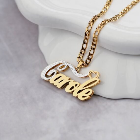 Double Pendant Name Necklace is a Double Plated Nameplate Necklace Design containing the First Letter in White Texture Cursive Script Handwriting Font 1