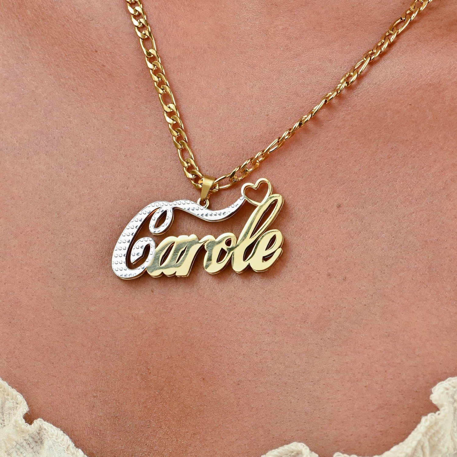 Double Pendant Name Necklace is a Double Plated Nameplate Necklace Design containing the First Letter in White Texture Cursive Script Handwriting Font 2