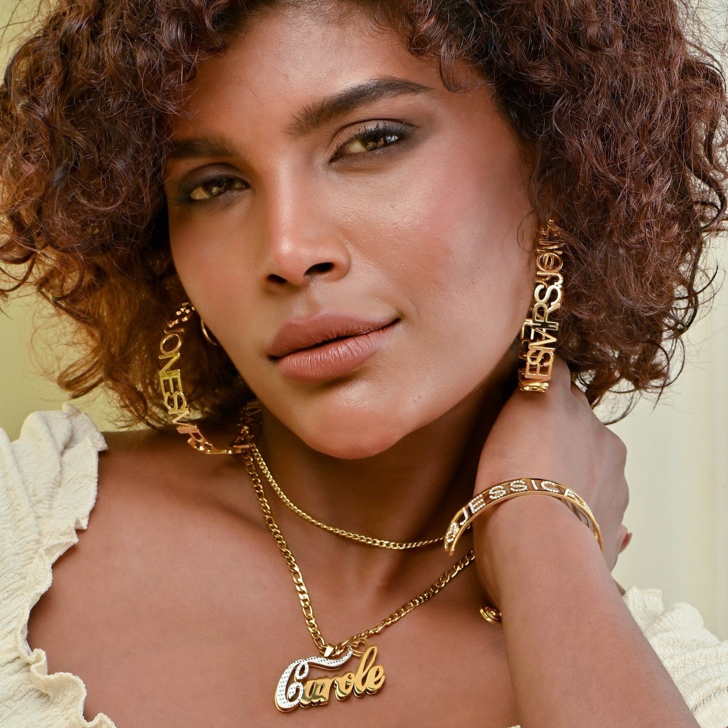 Double Pendant Name Necklace is a Double Plated Nameplate Necklace Design containing the First Letter in White Texture Cursive Script Handwriting Font 3