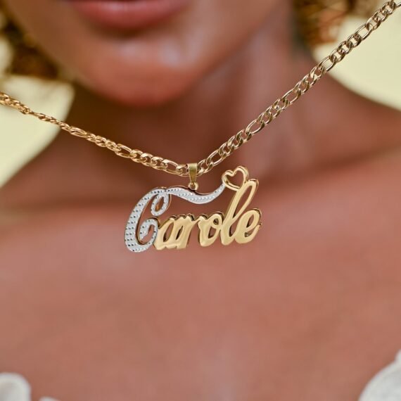 Double Pendant Name Necklace is a Double Plated Nameplate Necklace Design containing the First Letter in White Texture Cursive Script Handwriting Font 5