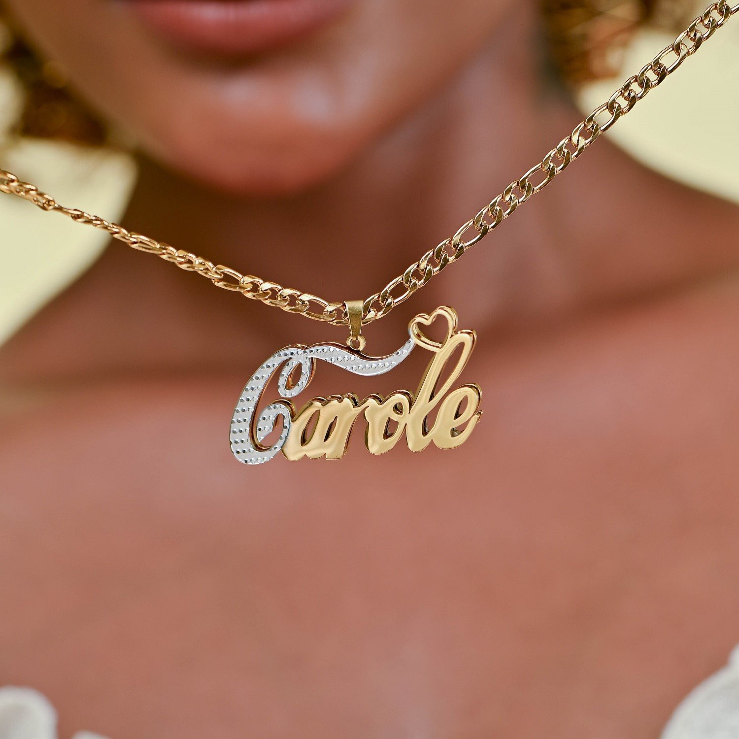 Double Pendant Name Necklace is a Double Plated Nameplate Necklace Design containing the First Letter in White Texture Cursive Script Handwriting Font 5
