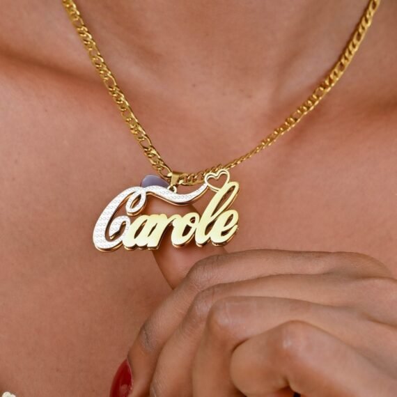 Double Pendant Name Necklace is a Double Plated Nameplate Necklace Design containing the First Letter in White Texture Cursive Script Handwriting Font 7