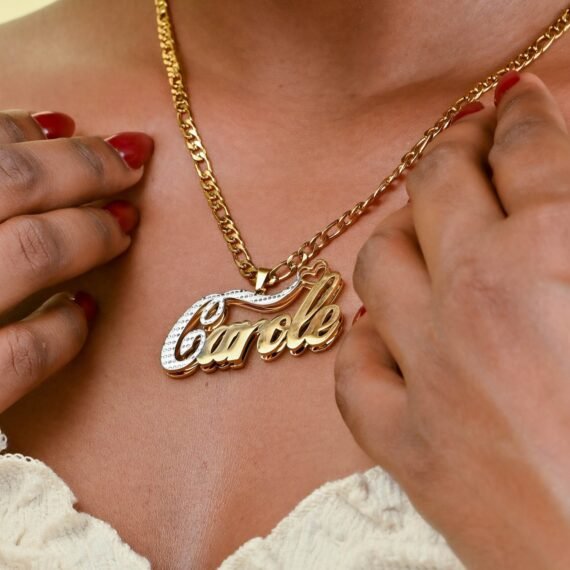 Double Pendant Name Necklace is a Double Plated Nameplate Necklace Design containing the First Letter in White Texture Cursive Script Handwriting Font 9