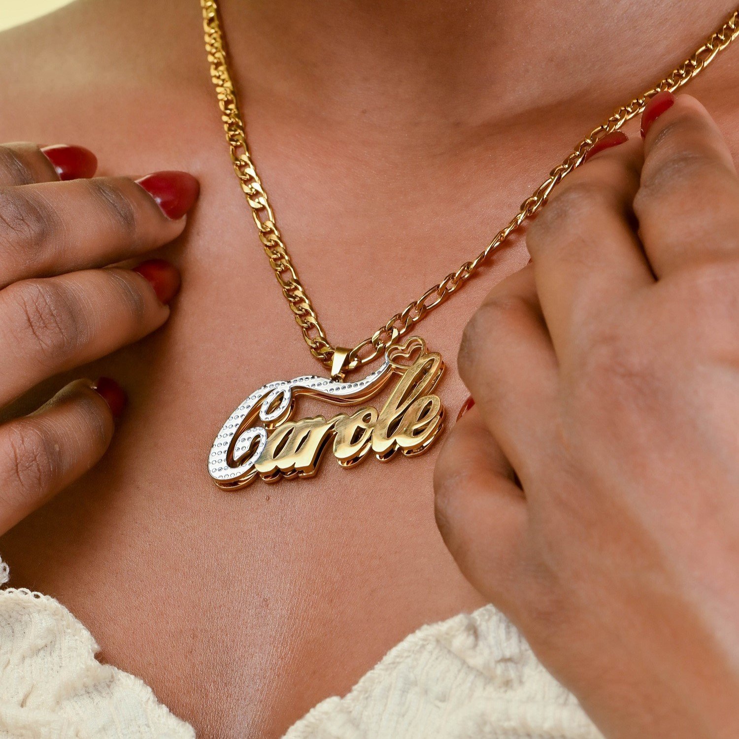 Double Pendant Name Necklace is a Double Plated Nameplate Necklace Design containing the First Letter in White Texture Cursive Script Handwriting Font 9