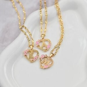 Floral heart initial necklace is stylish floral english initial heart designed pendant chain with English letter heart pendant charm jewelry gift to best friend 1