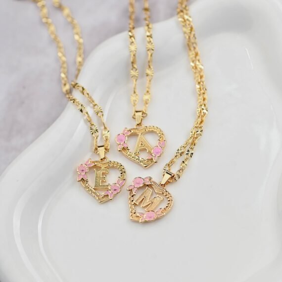Floral heart initial necklace is stylish floral english initial heart designed pendant chain with English letter heart pendant charm jewelry gift to best friend 1
