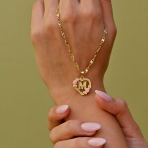 Floral heart initial necklace is stylish floral english initial heart designed pendant chain with English letter heart pendant charm jewelry gift to best friend 2
