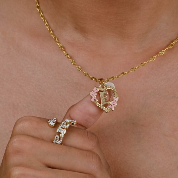 Floral heart initial necklace is stylish floral english initial heart designed pendant chain with English letter heart pendant charm jewelry gift to best friend 7