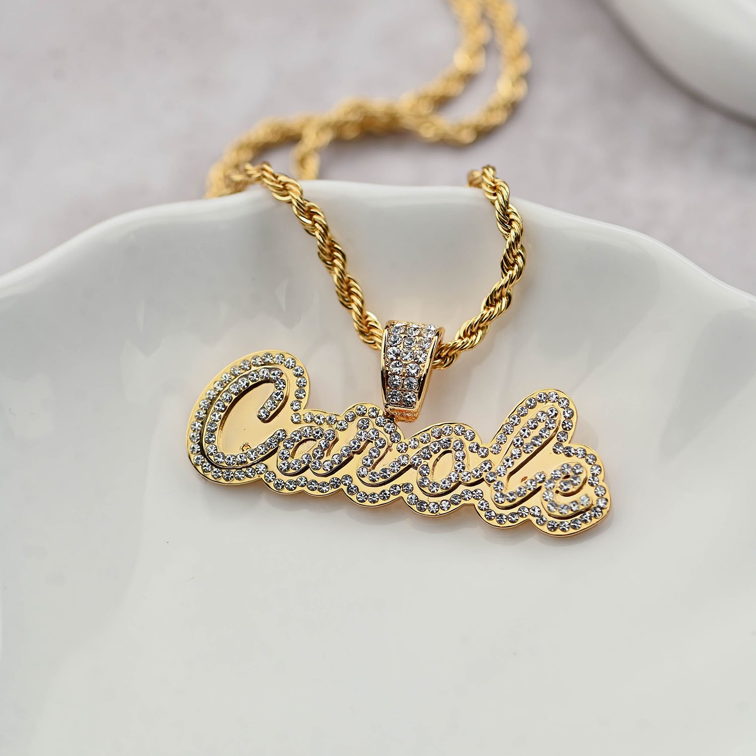 Personalized Crystal Inlaid Unique Custom name Necklace with Bling Crystals Nameplate Pendant, Script Cursive Font Style and Rope Chain in 18K 14K Gold Color for Women 1