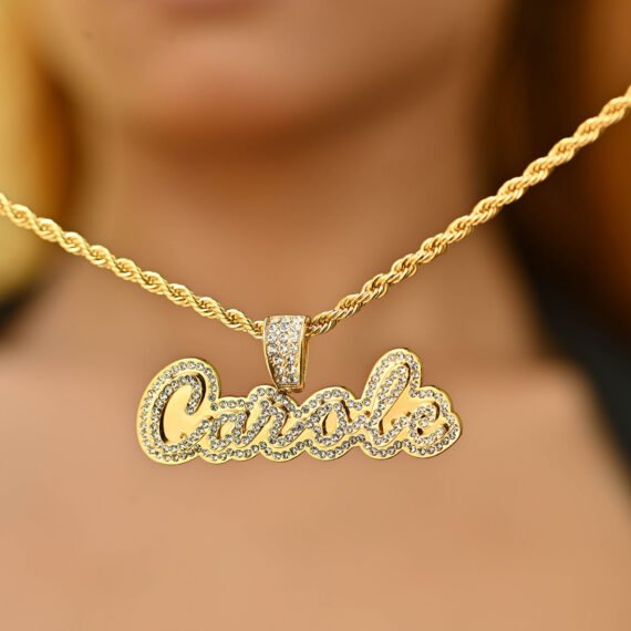 Personalized Crystal Inlaid Unique Custom name Necklace with Bling Crystals Nameplate Pendant, Script Cursive Font Style and Rope Chain in 18K 14K Gold Color for Women 2