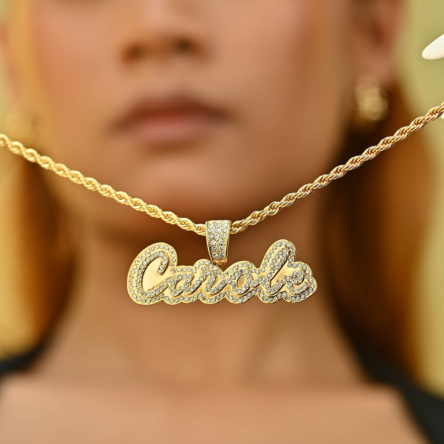 Personalized Crystal Inlaid Unique Custom name Necklace with Bling Crystals Nameplate Pendant, Script Cursive Font Style and Rope Chain in 18K 14K Gold Color for Women 3