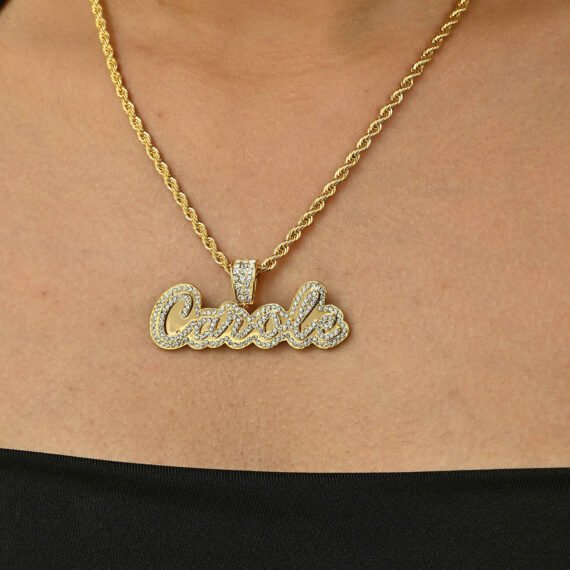 Personalized Crystal Inlaid Unique Custom name Necklace with Bling Crystals Nameplate Pendant, Script Cursive Font Style and Rope Chain in 18K 14K Gold Color for Women 5