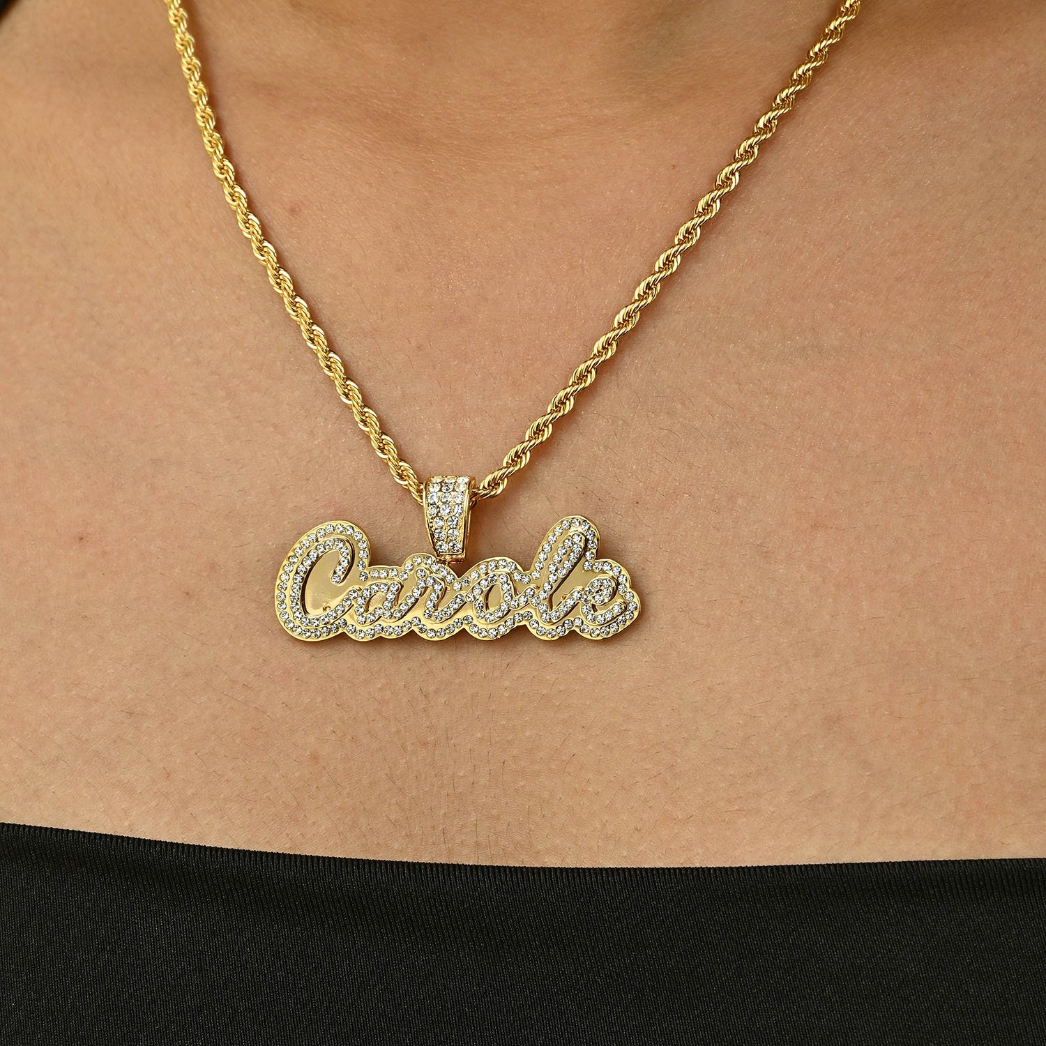 Personalized Crystal Inlaid Unique Custom name Necklace with Bling Crystals Nameplate Pendant, Script Cursive Font Style and Rope Chain in 18K 14K Gold Color for Women 5