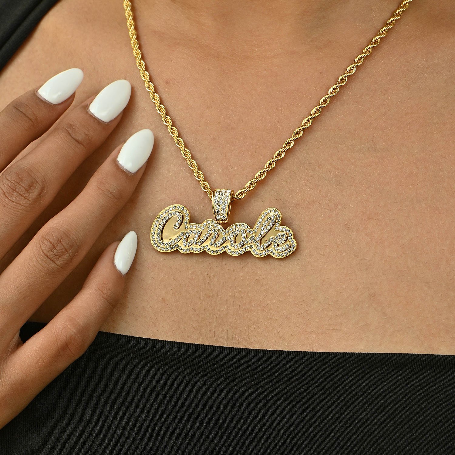Personalized Crystal Inlaid Unique Custom name Necklace with Bling Crystals Nameplate Pendant, Script Cursive Font Style and Rope Chain in 18K 14K Gold Color for Women 6