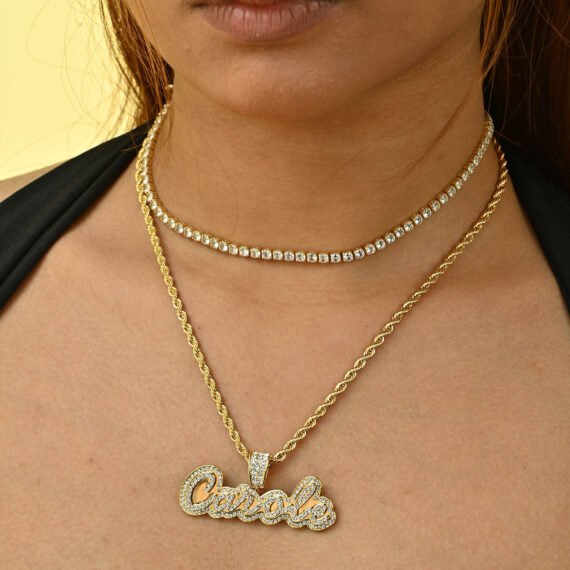 Personalized Crystal Inlaid Unique Custom name Necklace with Bling Crystals Nameplate Pendant, Script Cursive Font Style and Rope Chain in 18K 14K Gold Color for Women 7