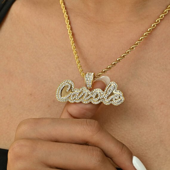 Personalized Crystal Inlaid Unique Custom name Necklace with Bling Crystals Nameplate Pendant, Script Cursive Font Style and Rope Chain in 18K 14K Gold Color for Women 8