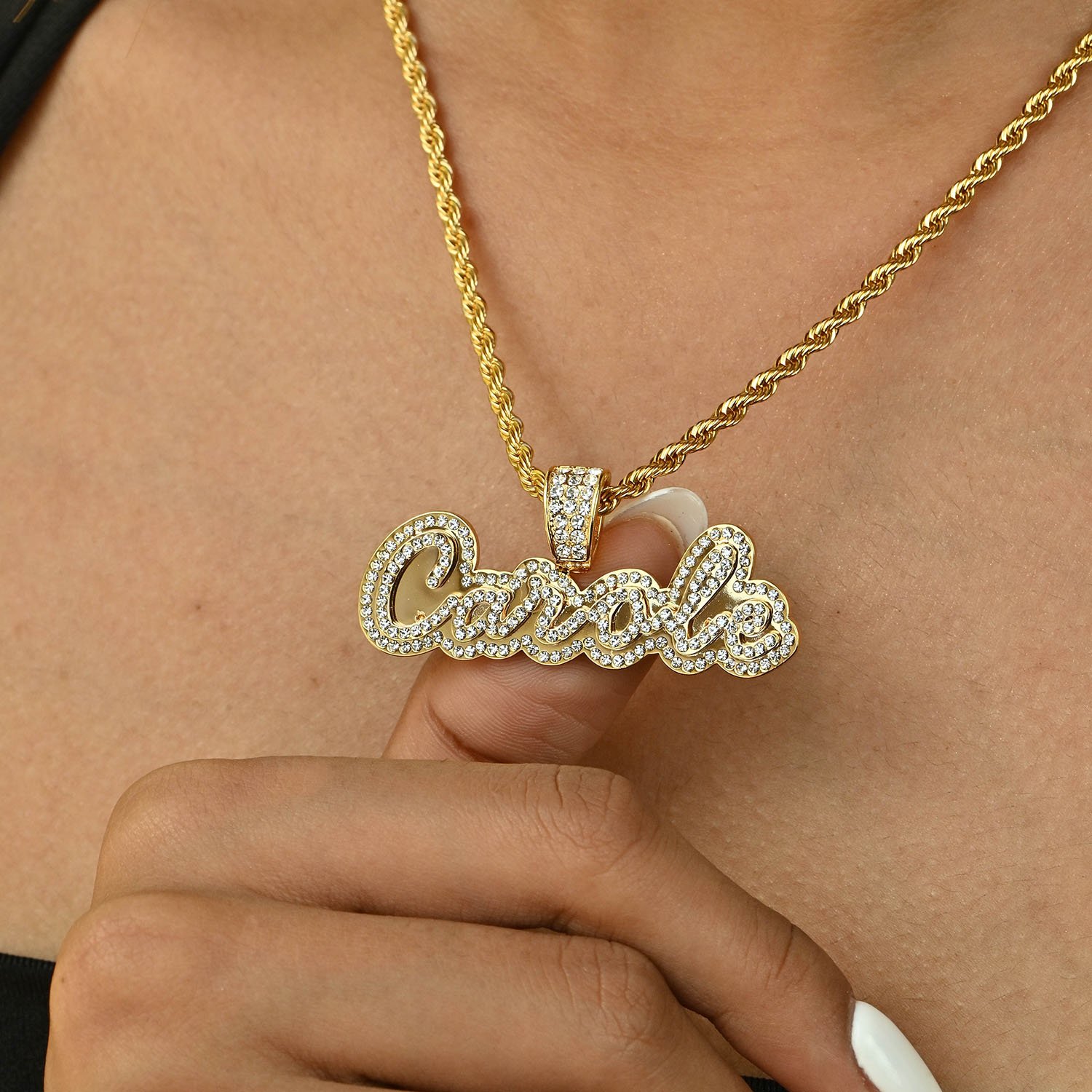 Personalized Crystal Inlaid Unique Custom name Necklace with Bling Crystals Nameplate Pendant, Script Cursive Font Style and Rope Chain in 18K 14K Gold Color for Women 8