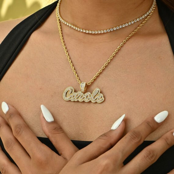 Personalized Crystal Inlaid Unique Custom name Necklace with Bling Crystals Nameplate Pendant, Script Cursive Font Style and Rope Chain in 18K 14K Gold Color for Women 9