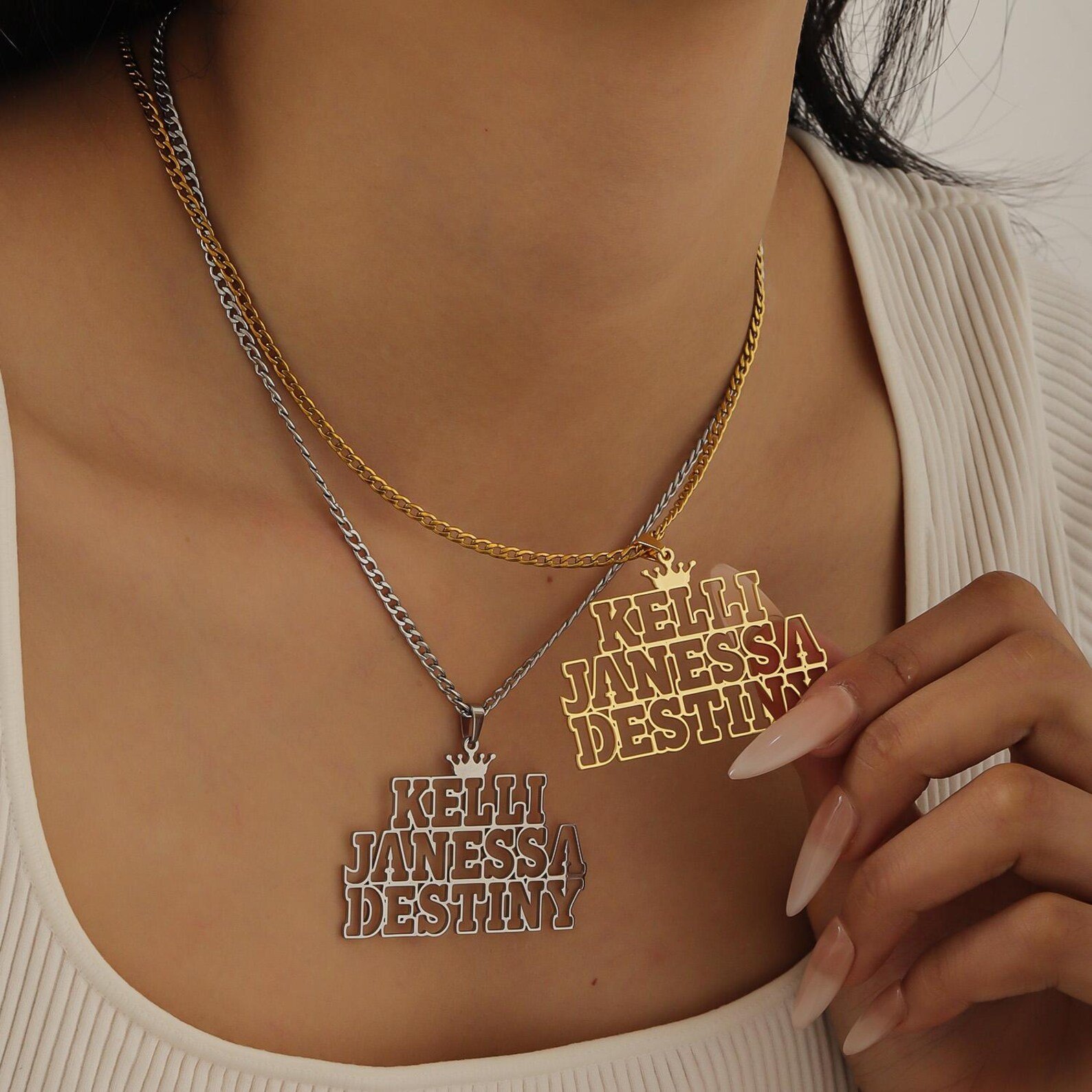 gold hollow font custom name necklace on 3mm Cuban chain with minimalist outline name 1