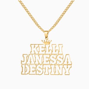 gold hollow font custom name necklace on 3mm Cuban chain with minimalist outline name 11