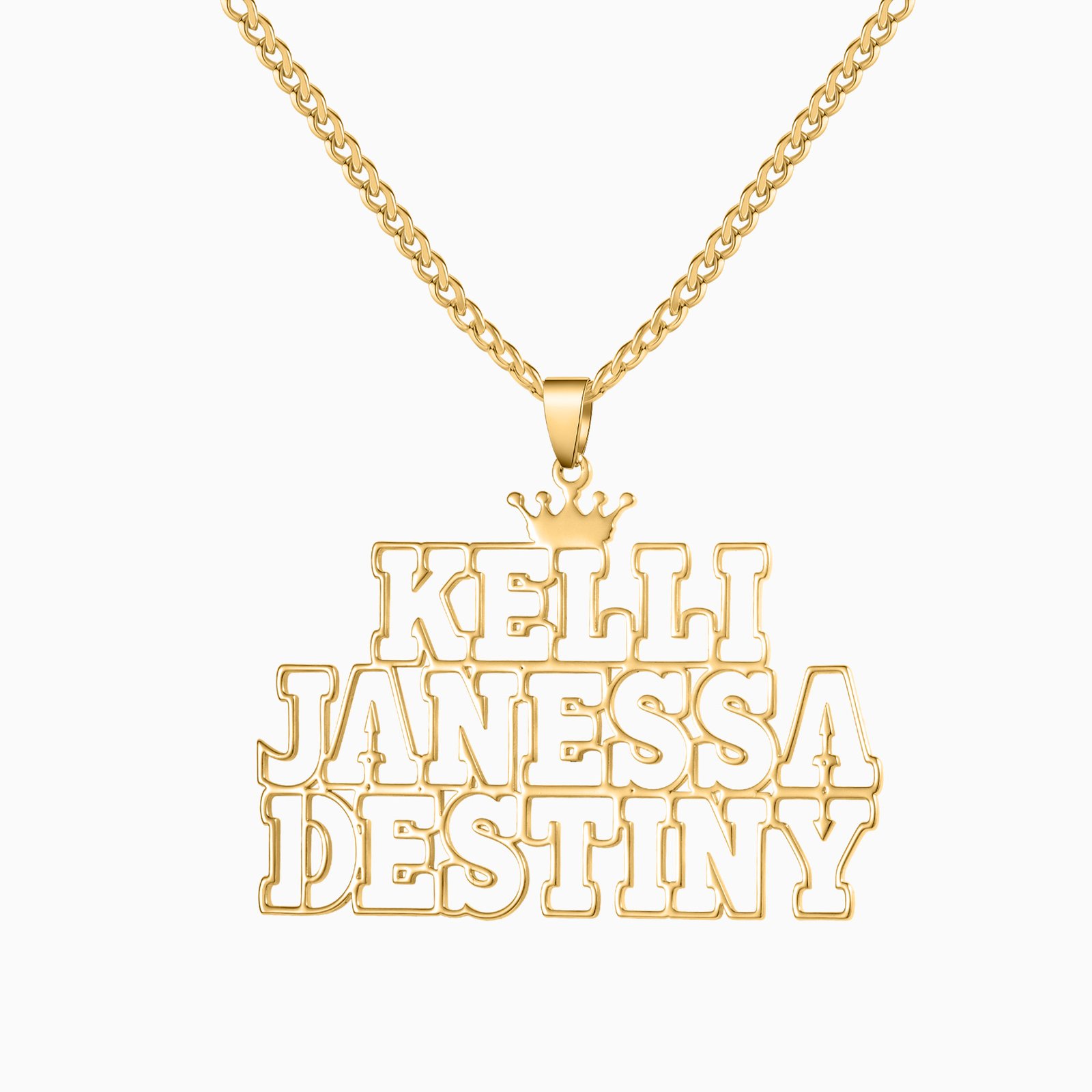 gold hollow font custom name necklace on 3mm Cuban chain with minimalist outline name 11