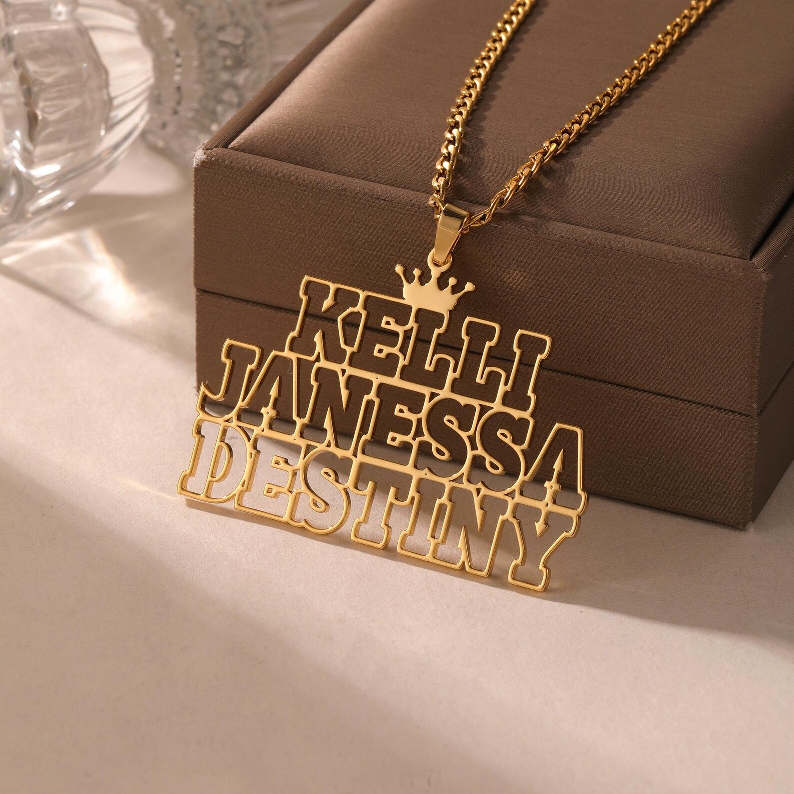 gold hollow font custom name necklace on 3mm Cuban chain with minimalist outline name 2