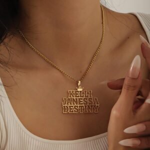 gold hollow font custom name necklace on 3mm Cuban chain with minimalist outline name 3