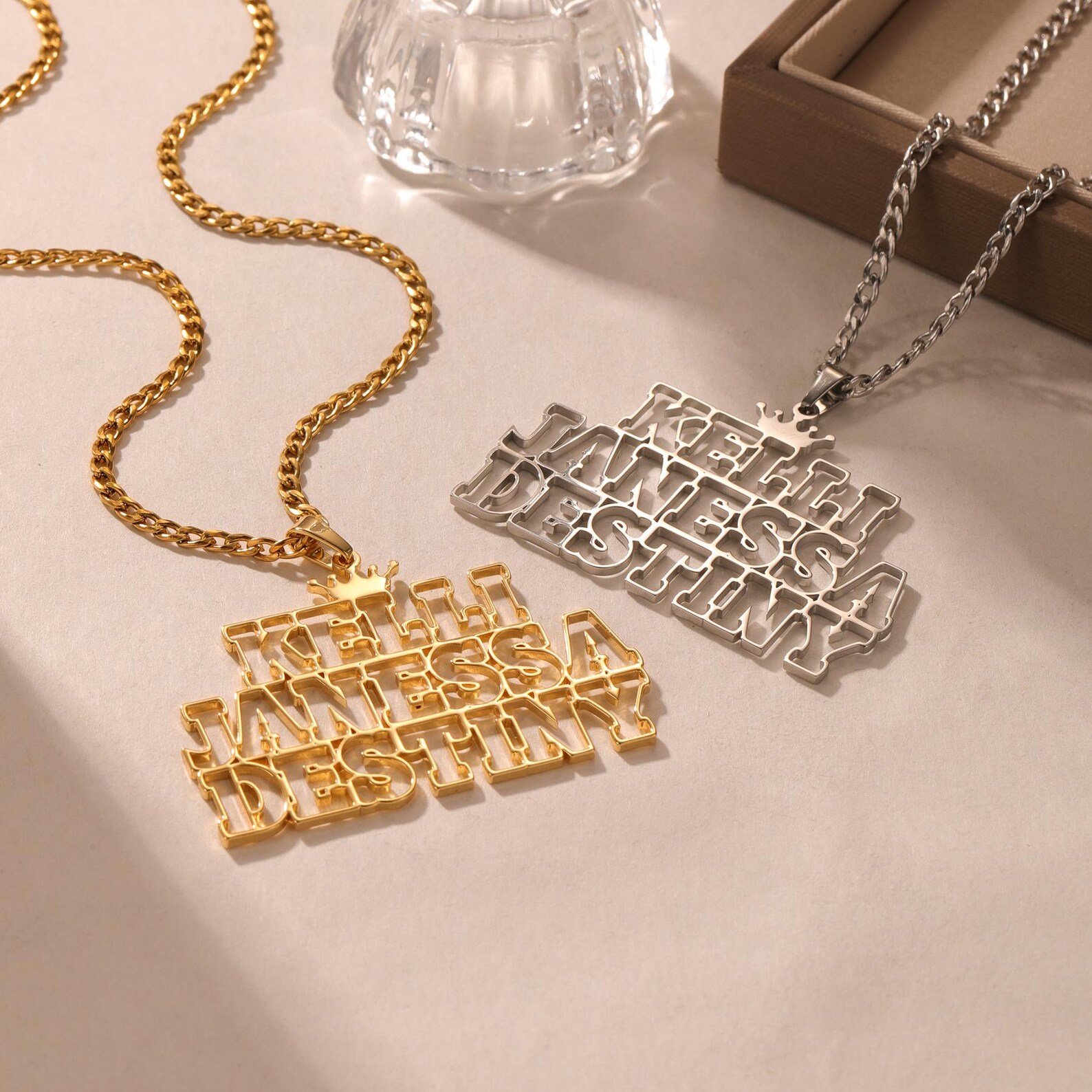 gold hollow font custom name necklace on 3mm Cuban chain with minimalist outline name 4