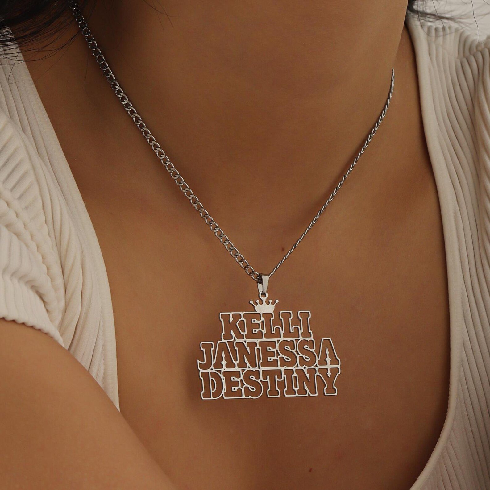 gold hollow font custom name necklace on 3mm Cuban chain with minimalist outline name 5