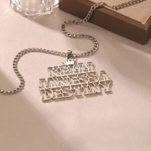 gold hollow font custom name necklace on 3mm Cuban chain with minimalist outline name 6