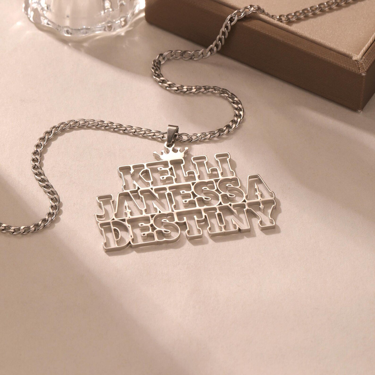 gold hollow font custom name necklace on 3mm Cuban chain with minimalist outline name 6
