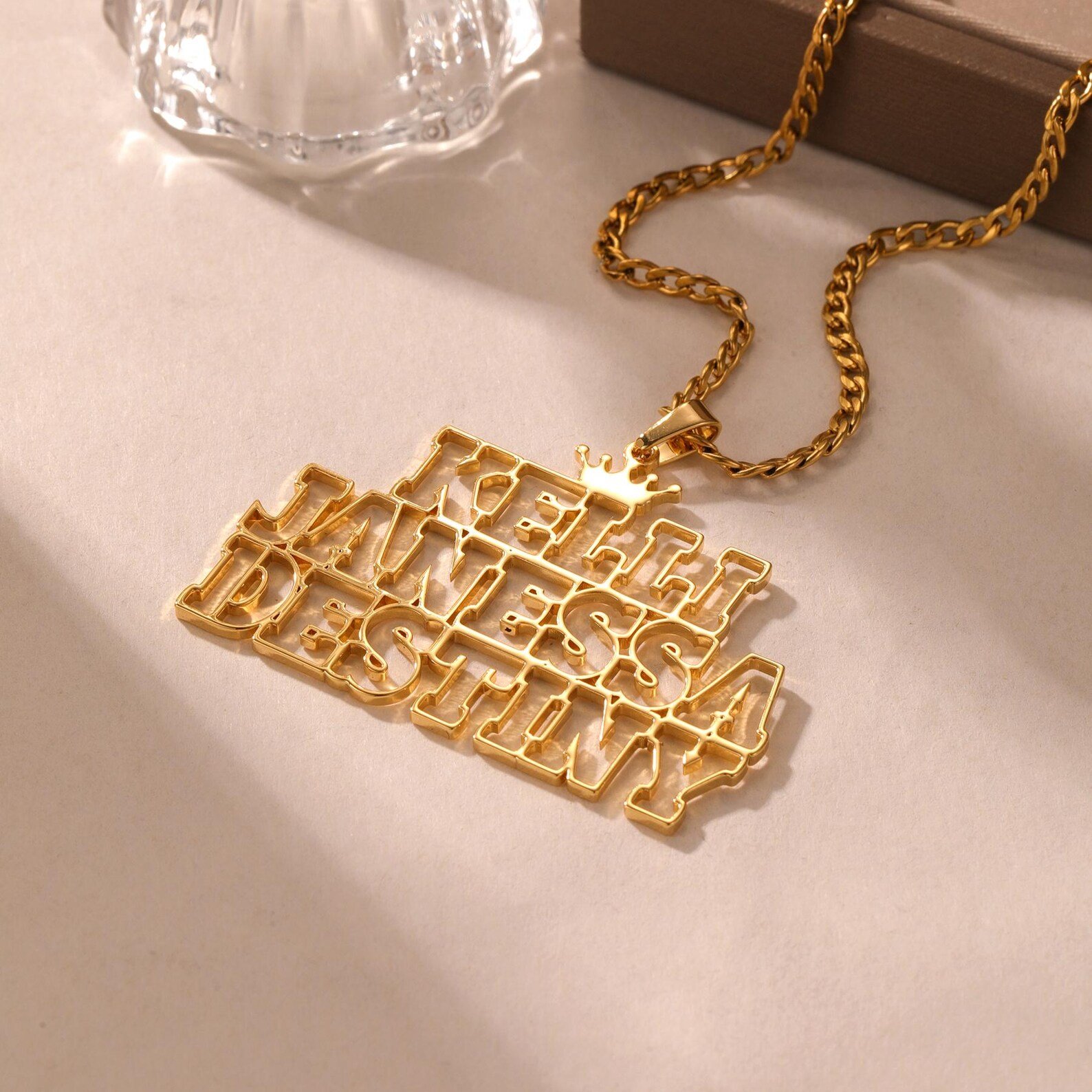 gold hollow font custom name necklace on 3mm Cuban chain with minimalist outline name 7