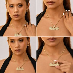 2×2 collage of a model wearing a gold Crystal Cursive Name Necklace with a sparkling custom name pendant and rope chain, shown from four angles