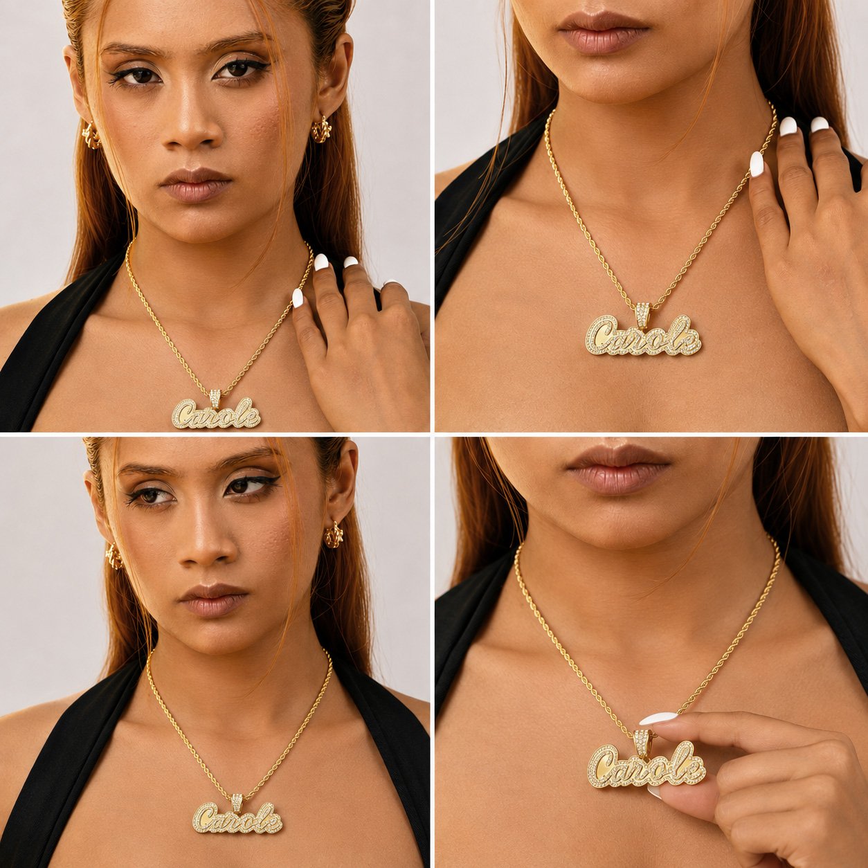 2×2 collage of a model wearing a gold Crystal Cursive Name Necklace with a sparkling custom name pendant and rope chain, shown from four angles