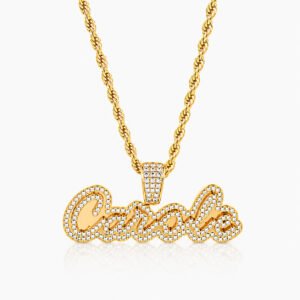 Crystal Cursive Name Necklace in 18K gold with sparkling cubic zirconia stones and a gold rope chain