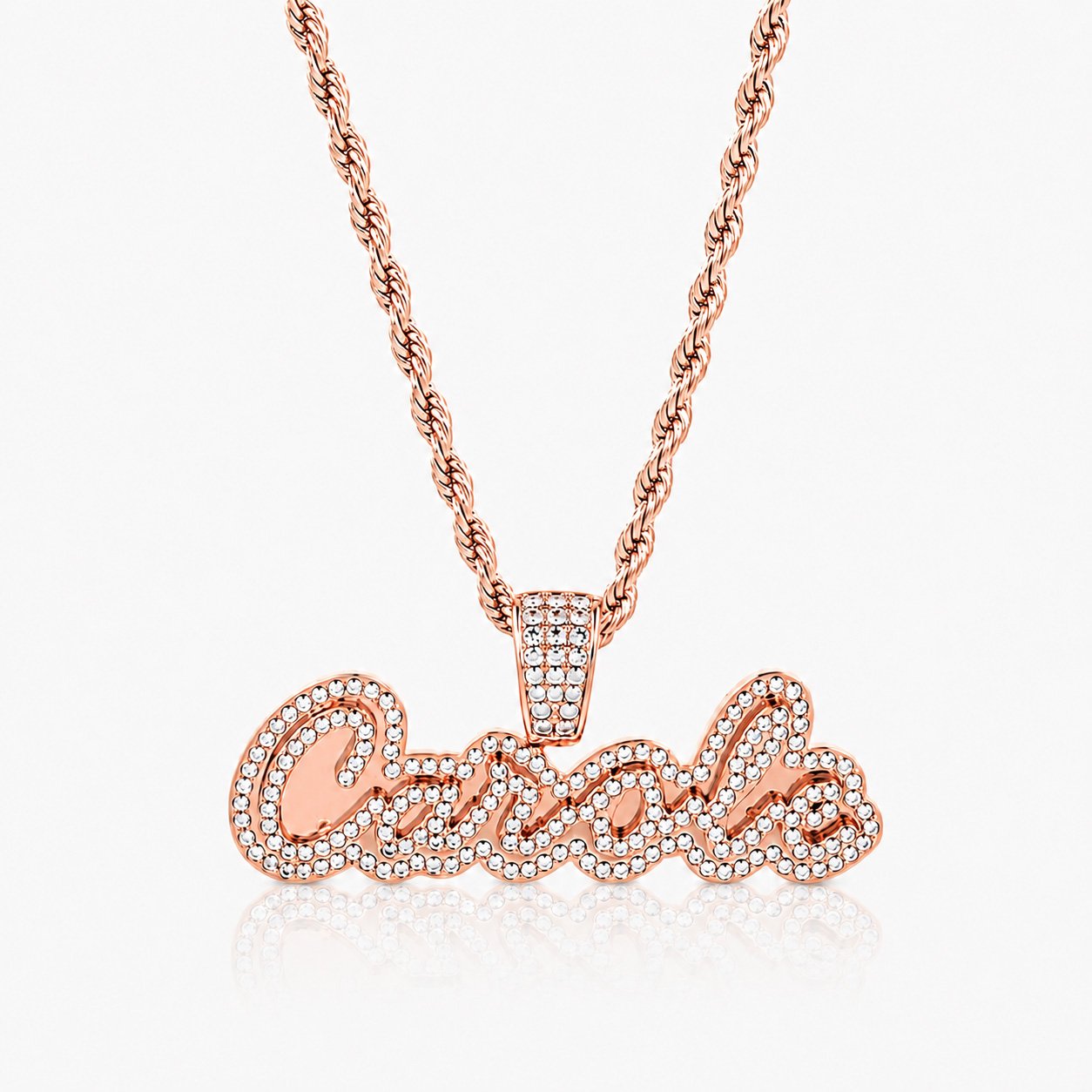 Crystal Cursive Name Necklace in rose gold color with sparkling cubic zirconia stones and a rose gold rope chain