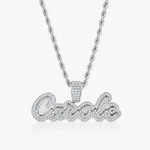 Crystal Cursive Name Necklace in silver with sparkling cubic zirconia stones and a silver rope chain
