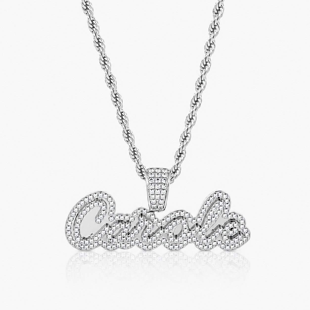 Crystal Cursive Name Necklace in silver with sparkling cubic zirconia stones and a silver rope chain