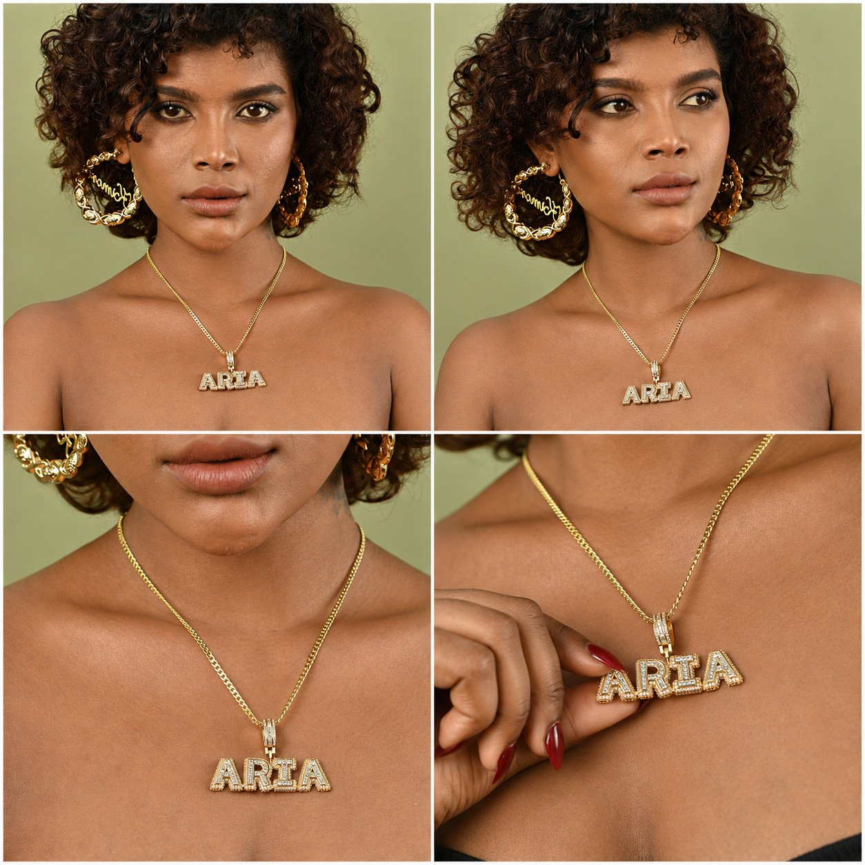 Four-view collage of a model wearing a gold Unisex Premium Bling Name Necklace personalized with “ARIA”