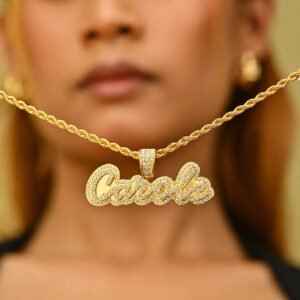 Gold Crystal Cursive Name Necklace with a sparkling custom name pendant and rope chain, shown close-up on a model